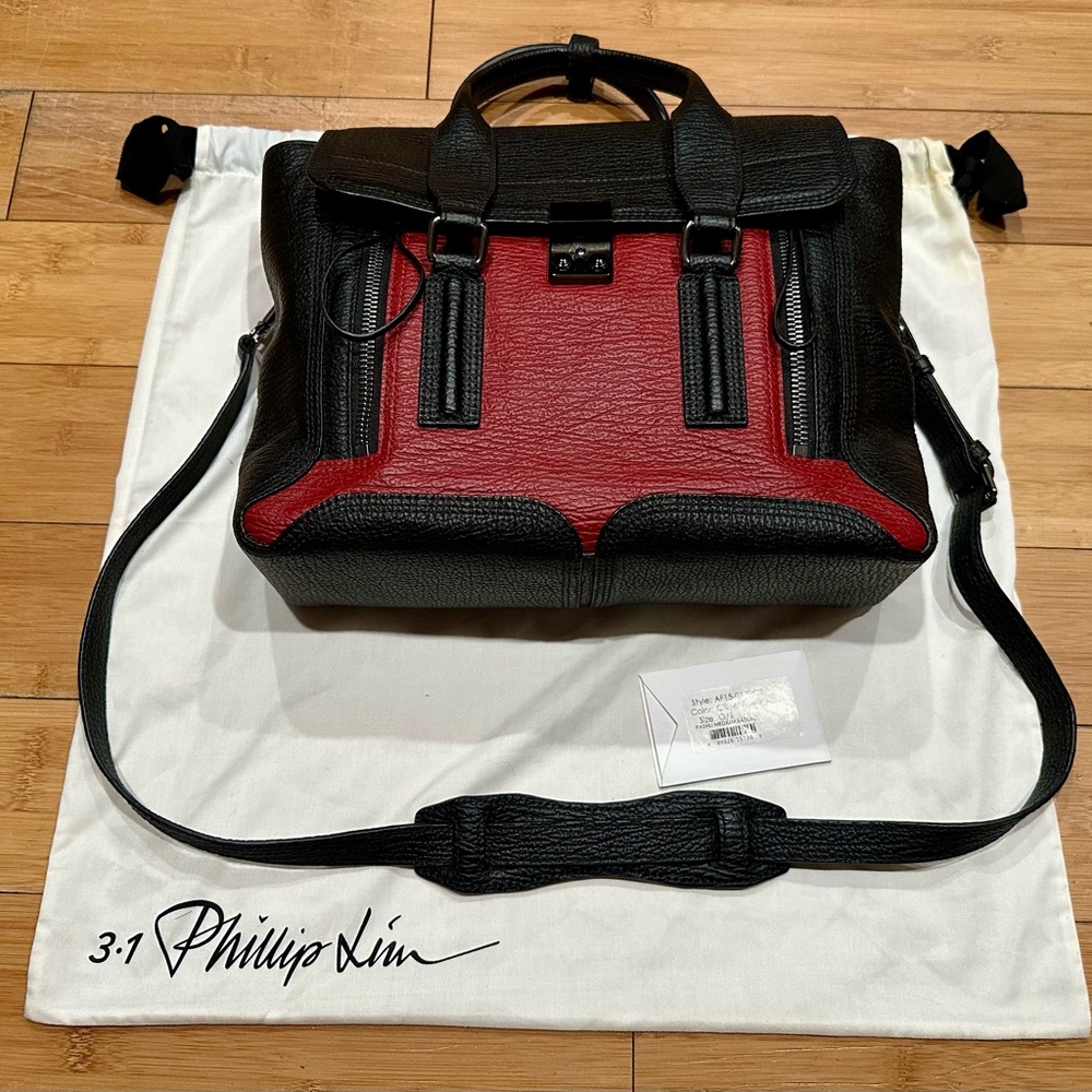 3.1 Philip Lim Textured Calfskin Medium Pashli Satchel Crimson/ Black